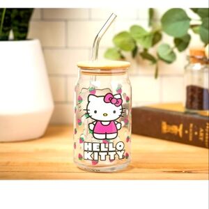 Silver Buffalo Sanrio Hello Kitty Strawberry Glass Jar Tumbler with Bamboo Lid a